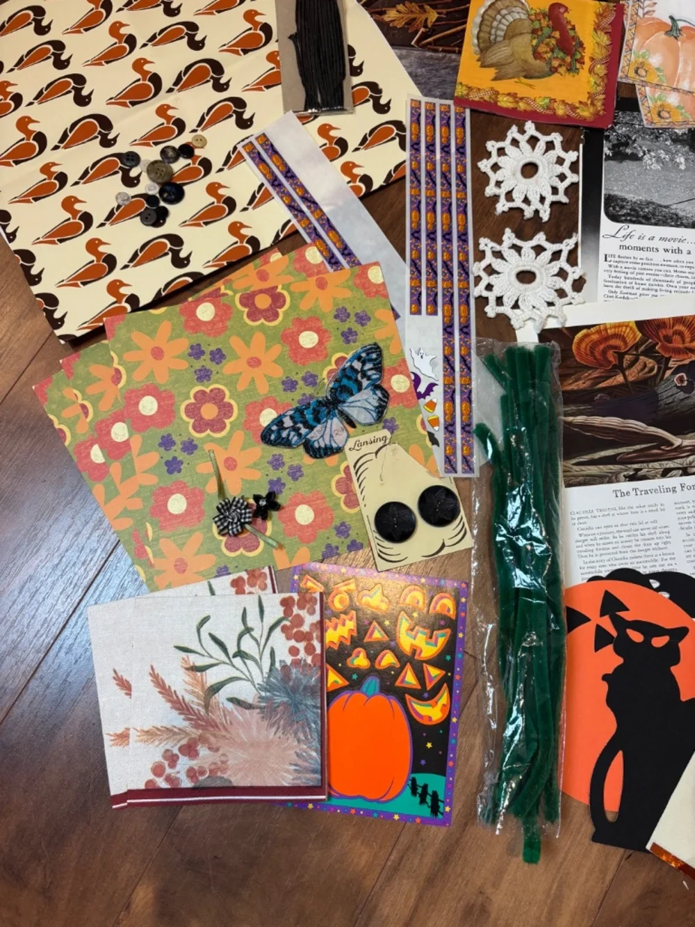 Lot of 50+ pieces Autumn Halloween-themed junk journal ephemera and craft items